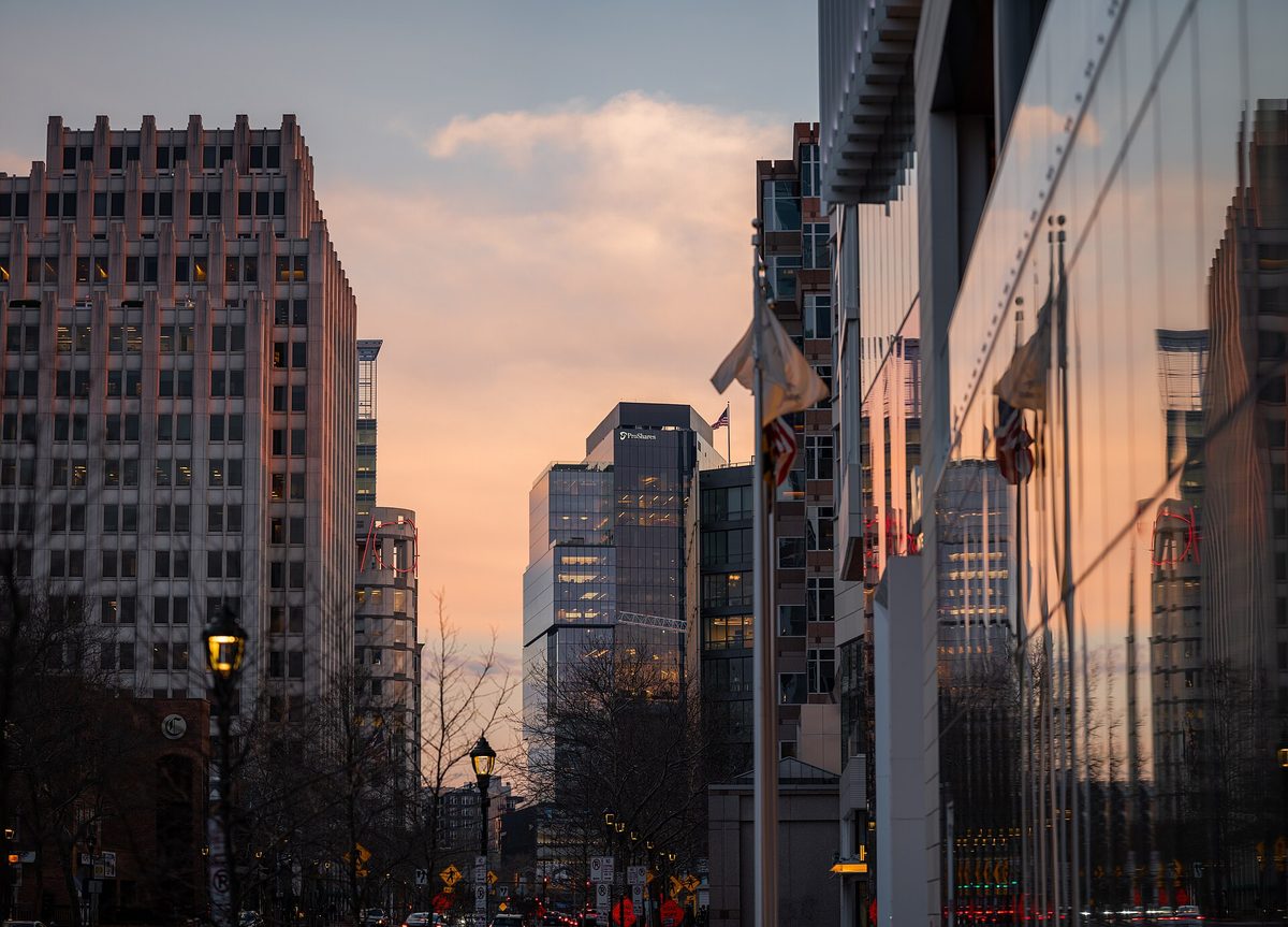 Downtown Bethesda, Maryland skyline with mid-rise office buildings.